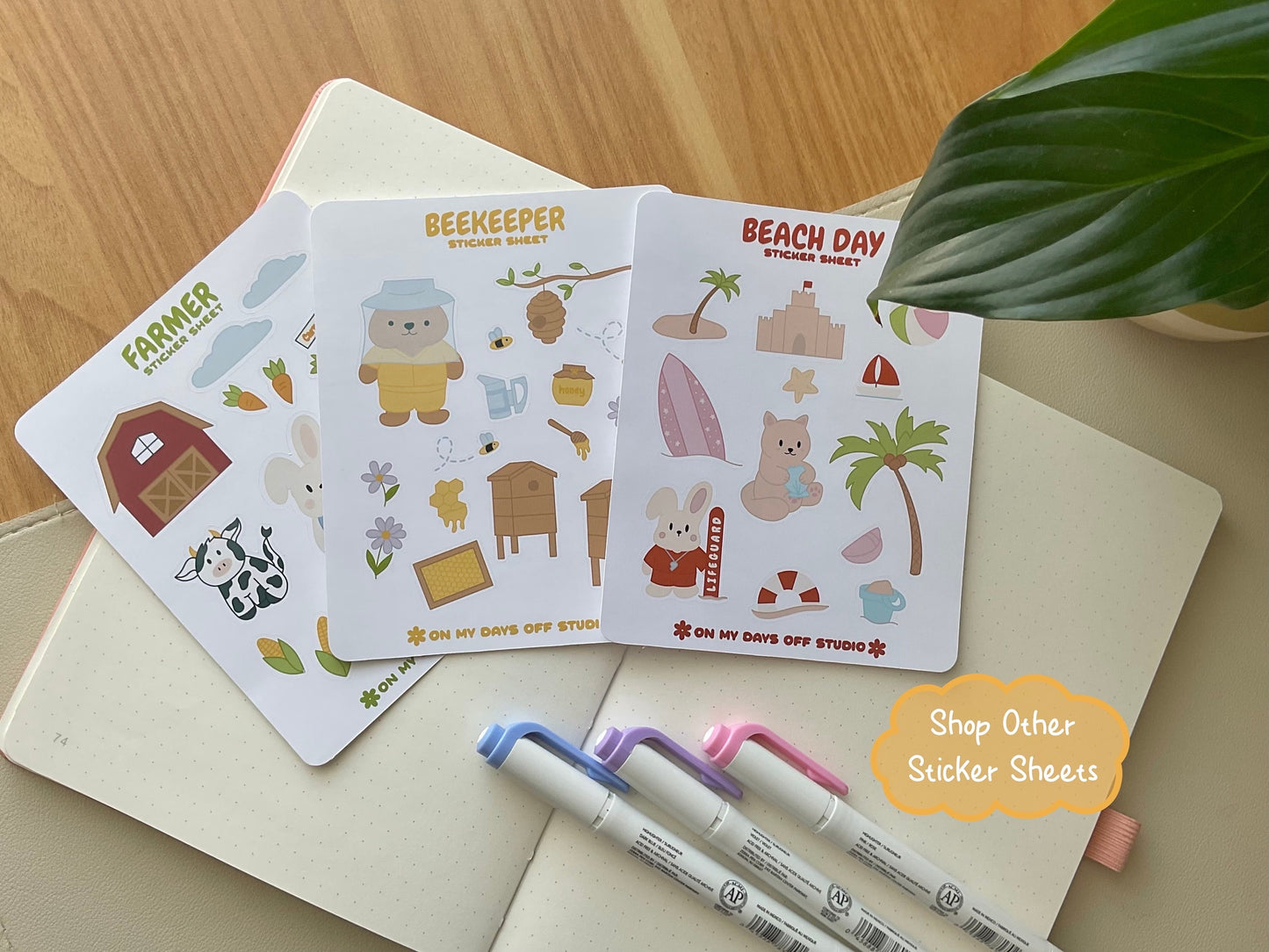 3 cute sticker sheets inspired by beach day, beekeeper and farmer.