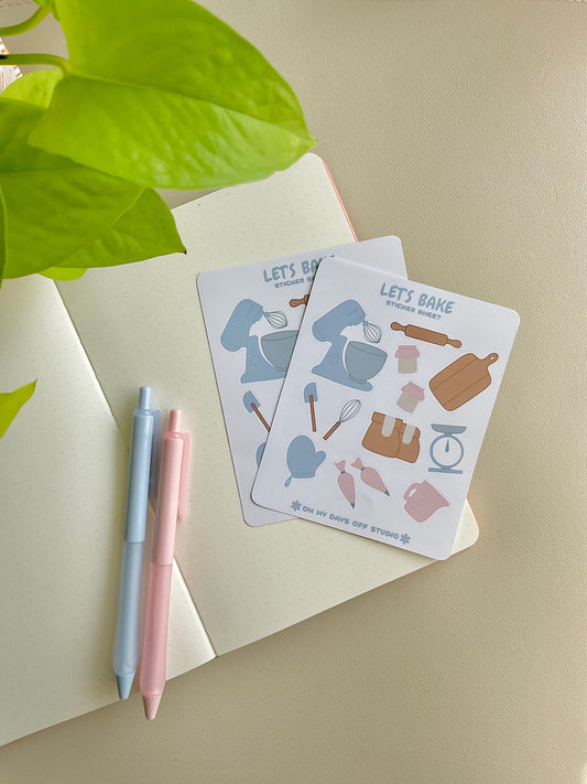 This stationery sticker sheet features a baking theme and has 13 colorful illustrations including a mixer, cutting board, flour, rolling pin and other baking tools. These glossy stickers are perfect for planners and bullet journals. 