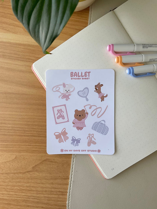 This stationery sticker sheet features a ballet core theme and has 9 colorful illustrations. These illustrations include a ballerina bear, ballerina bunny, ballerina dog and some other ballet items. These glossy stickers are perfect for planners and bullet journals. 