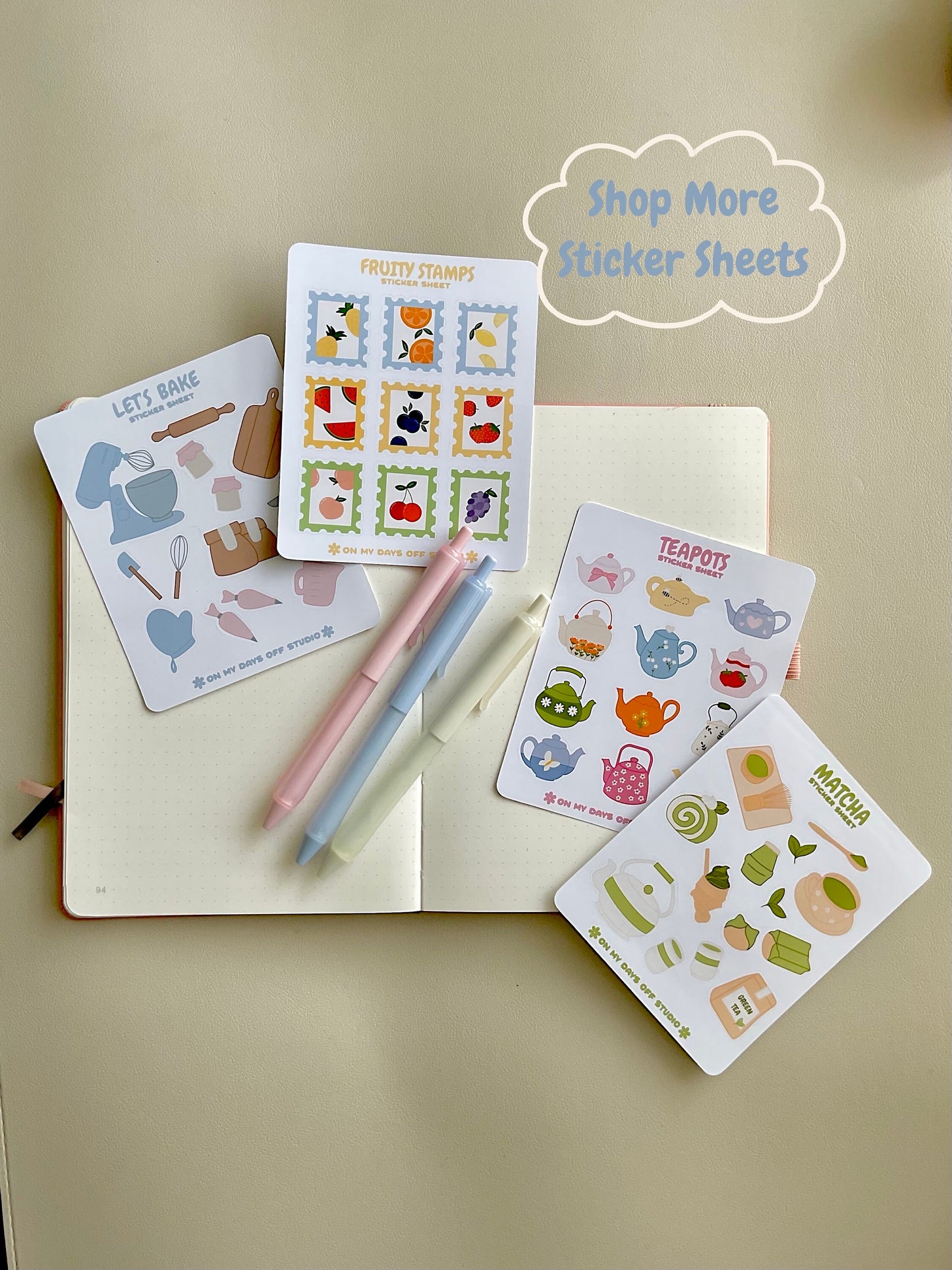 This stationery sticker sheet features a baking theme and has 13 colorful illustrations including a mixer, cutting board, flour, rolling pin and other baking tools. These glossy stickers are perfect for planners and bullet journals. 
