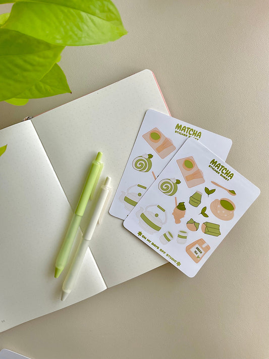 This stationery sticker sheet features a green tea theme and has 13 colorful illustrations. These illustrations include matcha cup, green tea cake roll, matcha leaves, green tea ice cream and other green tea good items.These glossy stickers are perfect for planners and bullet journals. 