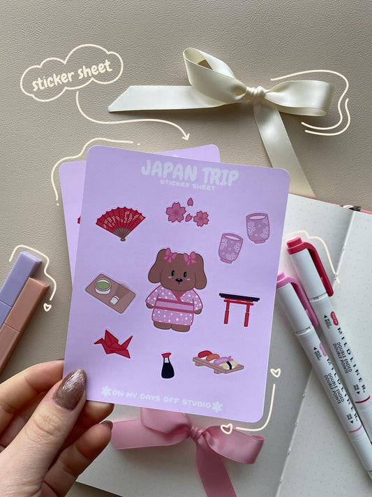 This stationery sticker sheet features a Japan theme and has 10 colorful illustrations, including a dog in a Japanese traditional dress, hand fan, green tea, matcha set, cherry blossoms, sushi and more. These glossy stickers are perfect for planners and bullet journals. 