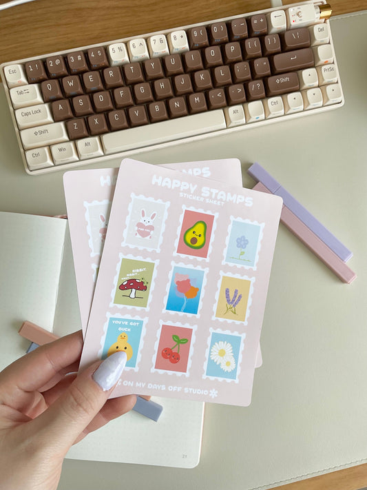 This stationery sticker sheet featured 9 kawaii stamp illustrations. These glossy stickers is perfect for planners and bullet journals. 