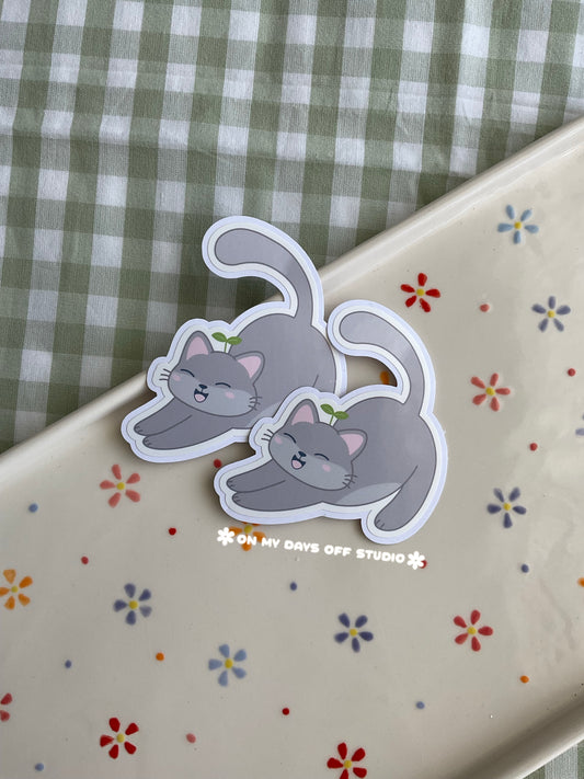 Gray cat vinyl sticker stretching