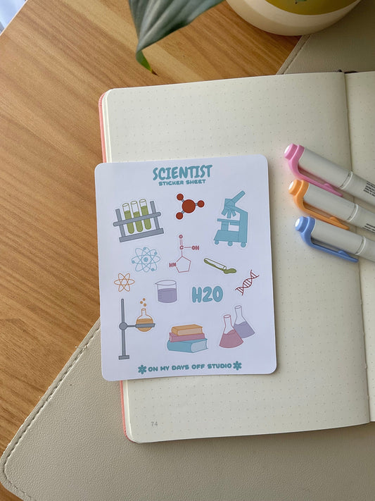 This stationery sticker sheet features a science / chemistry theme and has 13 colorful illustrations. These illustrations include a microscope, test tubes and chemistry related elements. These glossy stickers are perfect for planners and bullet journals. 