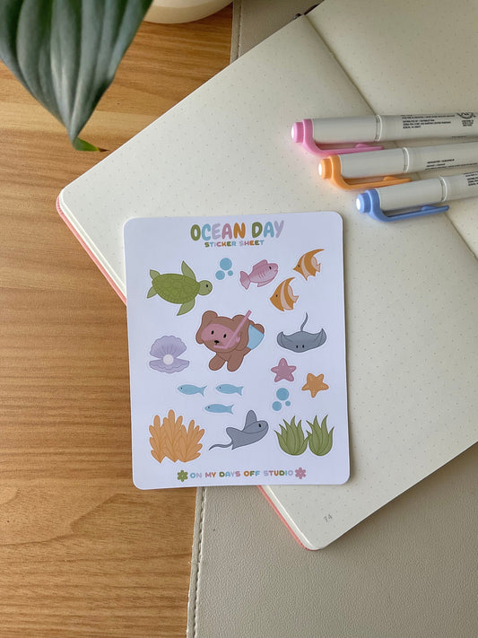 This stationery sticker sheet features a ocean sea animal & snorkeling theme and has 17 colorful illustrations. These illustration include a snorkeling dog, turtle, fishes, sting ray, and other sea creatures / plants. These glossy stickers are perfect for planners and bullet journals. 
