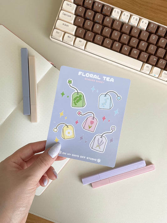 This kawaii floral tea sticker sheet features 5 colorful illustrations. These illustrations feature whimsical tea bags with floral designs. These glossy stickers are perfect for bullet journals and planners. 