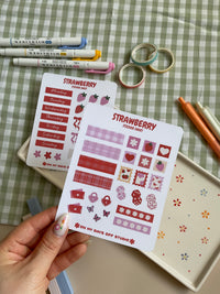 Strawberry sticker sheet set perfect for journal spreads and planners. Featuring both deco stationery stickers and days of the week to help you bring your spread to life