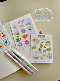 featuring 4 different sticker sheets to show what is available in my shop including fruity stamps, let's bake, teapots and matcha. 