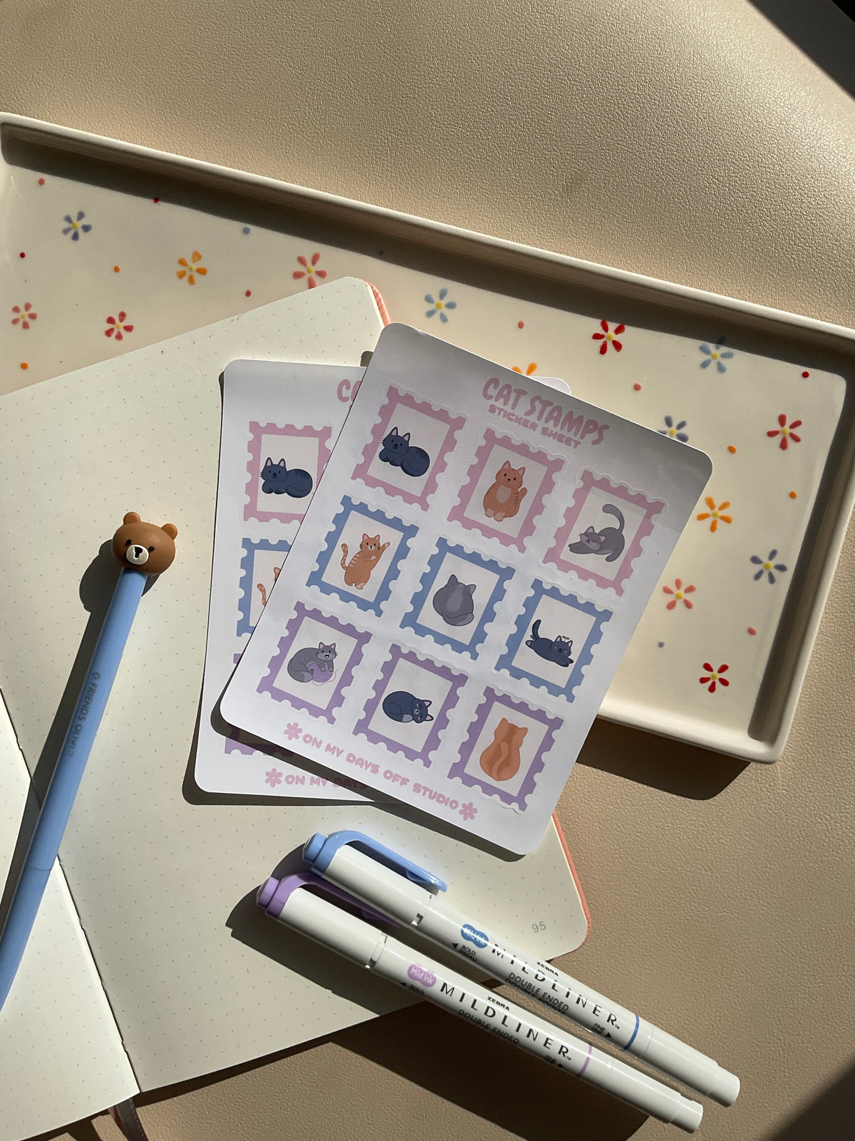 Sticker sheet with 9 cat floral themed stamps. Perfect for your journal spread