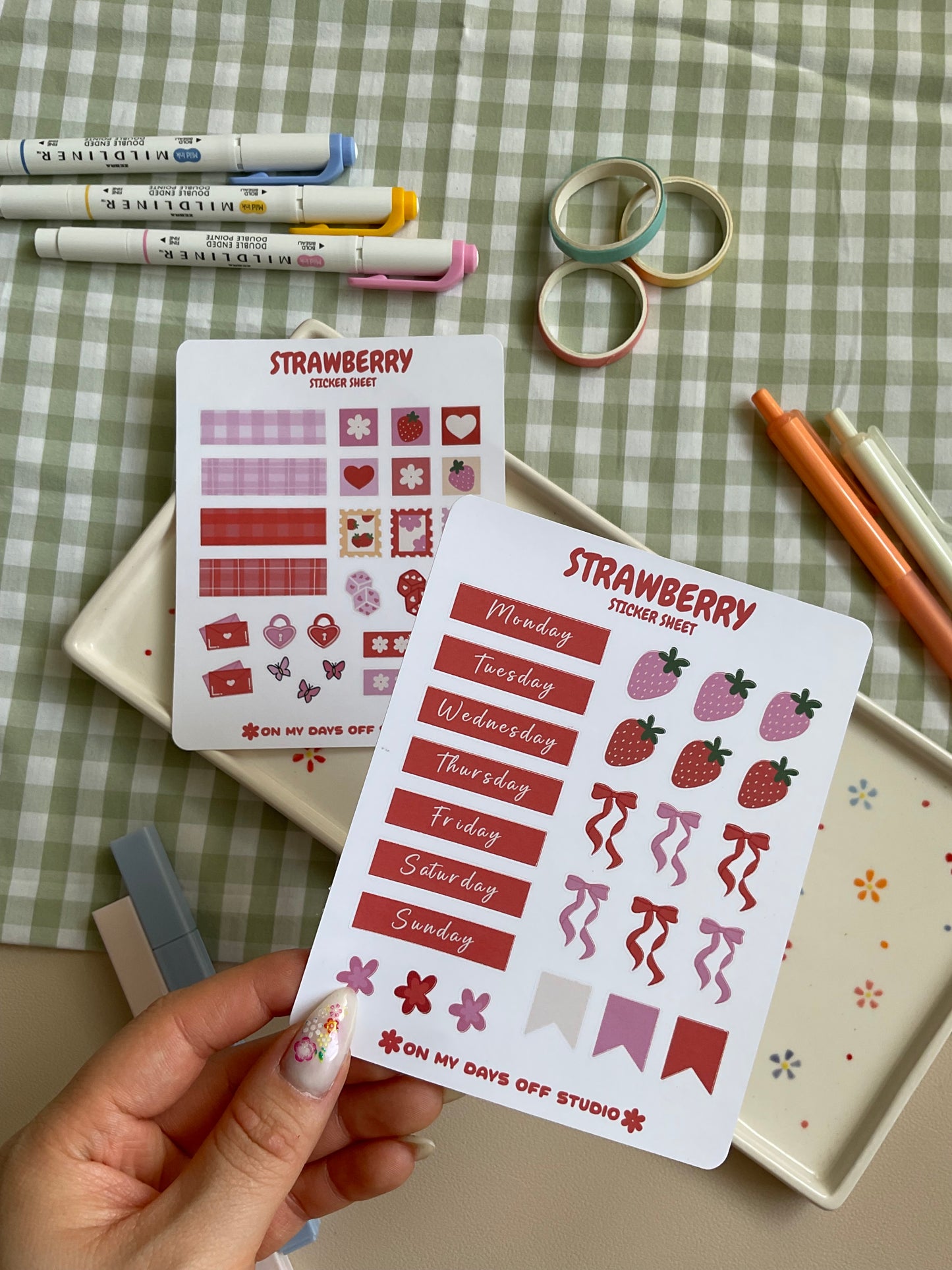 Strawberry sticker sheet set perfect for journal spreads and planners. Featuring both deco stationery stickers and days of the week to help you bring your spread to life