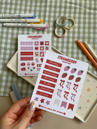 Strawberry sticker sheet set perfect for journal spreads and planners. Featuring both deco stationery stickers and days of the week to help you bring your spread to life