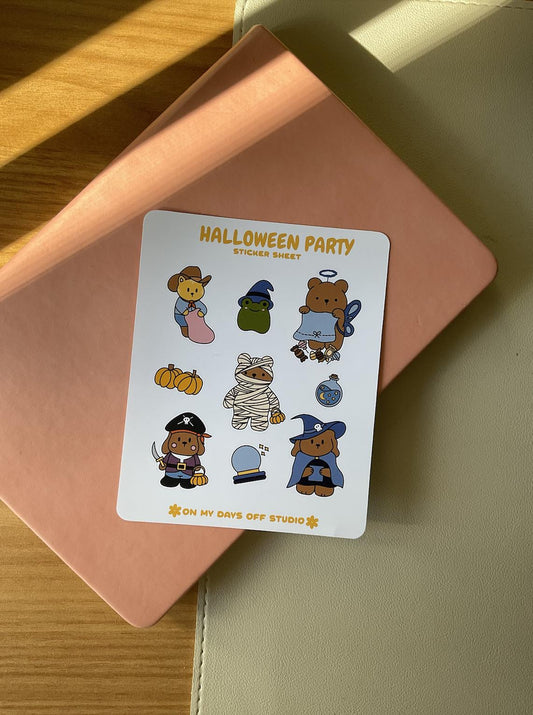 This stationery sticker sheet features a Halloween costume theme and has 9 colorful illustrations. These illustrations feature cute characters in Halloween costumes likes a fairy bear, bear mummy, dog wizard, dog pirate, cat cowboy and a frog witch. These glossy stickers are perfect for planners and bullet journals.&nbsp;