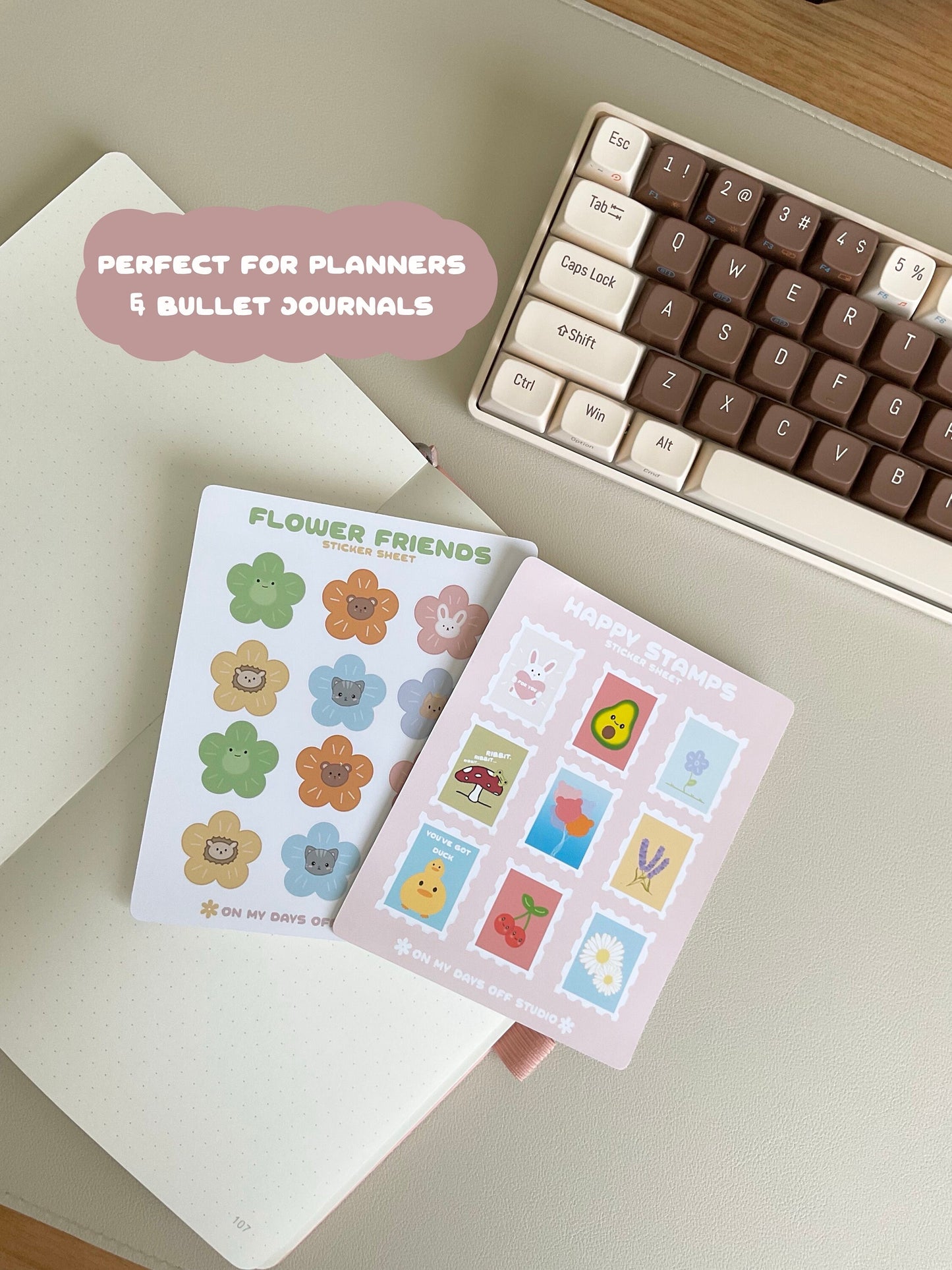 This Flower Friends sticker sheet features 9 colorful and kawaii illustrations of animals as flowers. These cute illustration includes frog, bunny, bear, cute &amp; hedgehog. These glossy stationery stickers are perfect for bullet journals and planners.&nbsp;