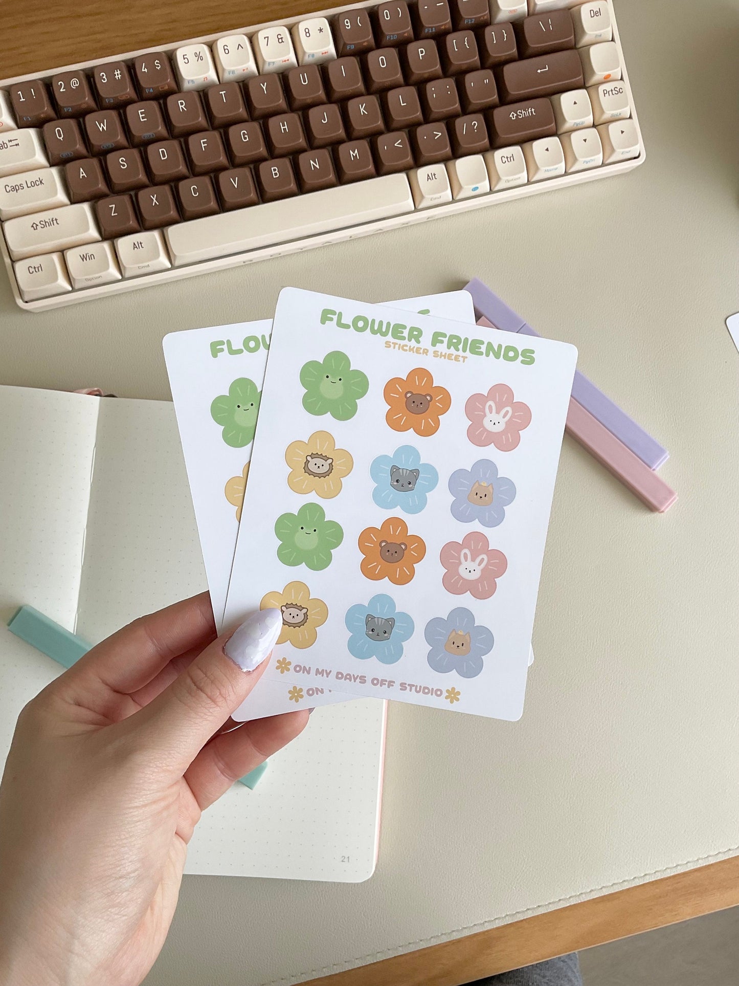 This Flower Friends sticker sheet features 9 colorful and kawaii illustrations of animals as flowers. These cute illustration includes frog, bunny, bear, cute &amp; hedgehog. These glossy stationery stickers are perfect for bullet journals and planners.&nbsp;