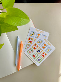 Fruit stamps sticker sheet features 9 glossy stickers with a variety of fruits such as pineapple, orange, lemon, watermelon, blueberry, strawberry, peach, cherry and grape. 