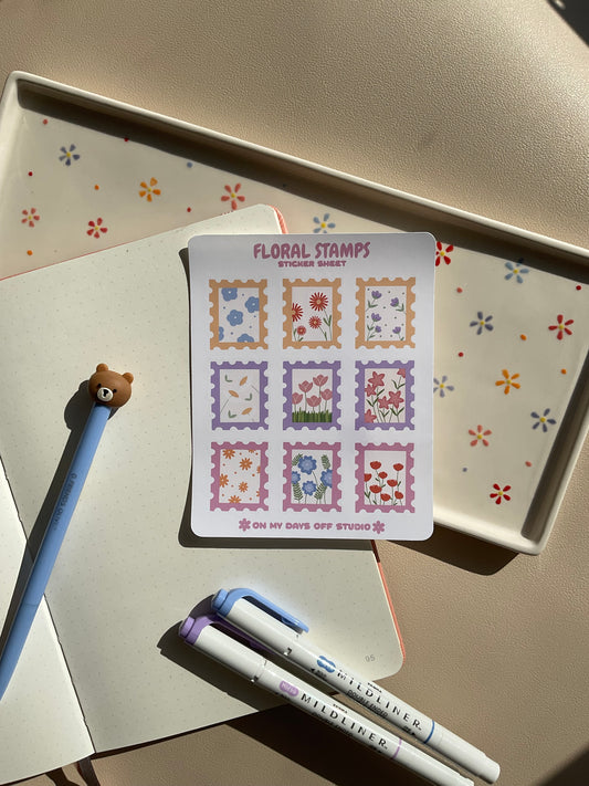 Sticker sheet with 9 cute floral themed stamps. Perfect for your journal spread
