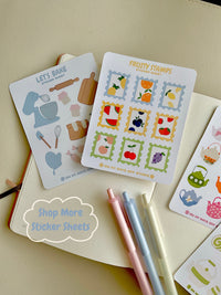 featuring 4 different sticker sheets to show what is available in my shop including fruity stamps, let's bake, teapots and matcha. 