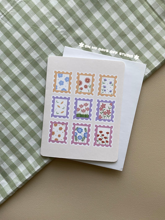 Beige greeting card with a cute floral theme. It features 9 floral themed stamps.