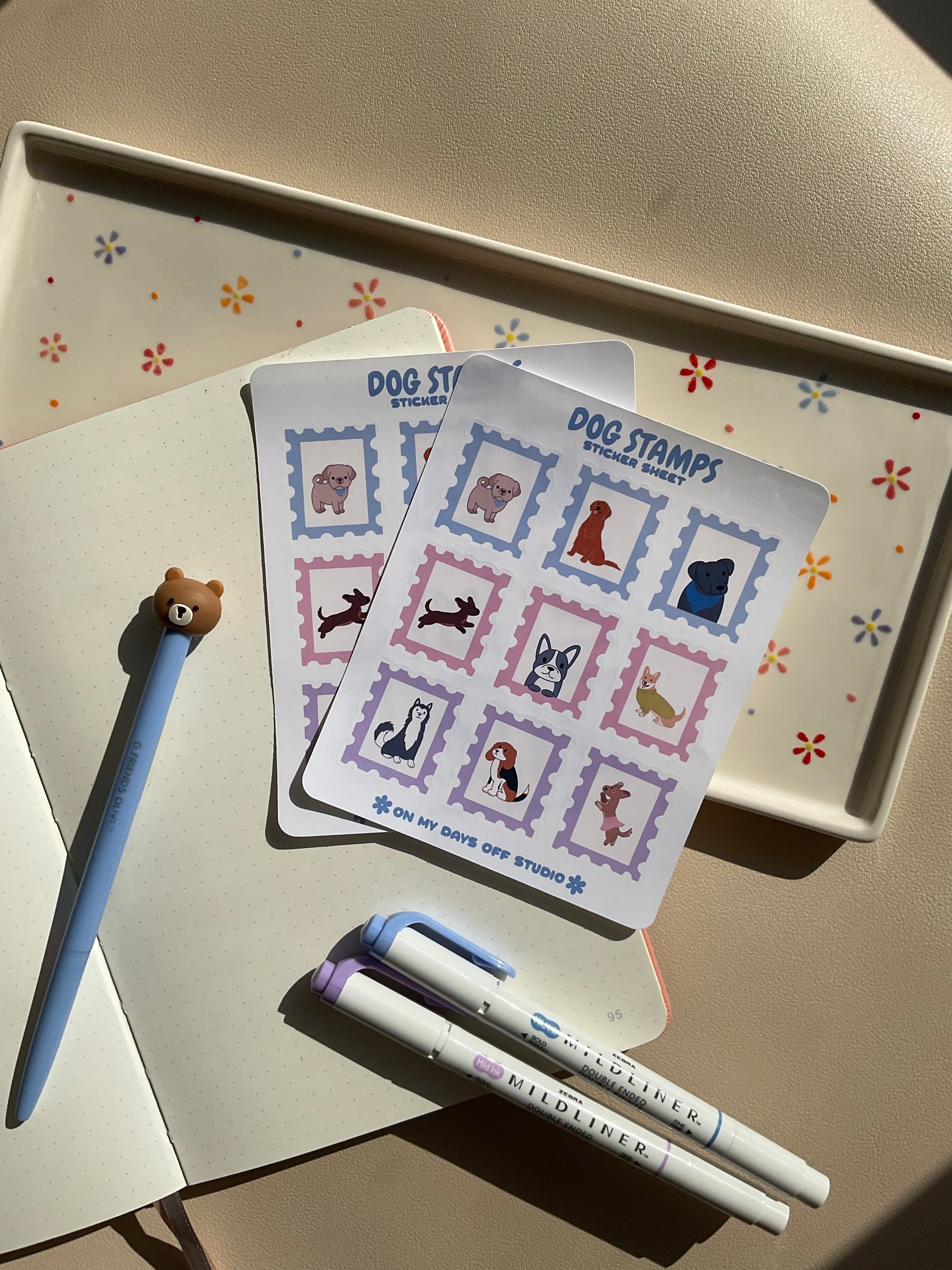 Sticker sheet with 9 dog floral themed stamps. Perfect for your journal spread