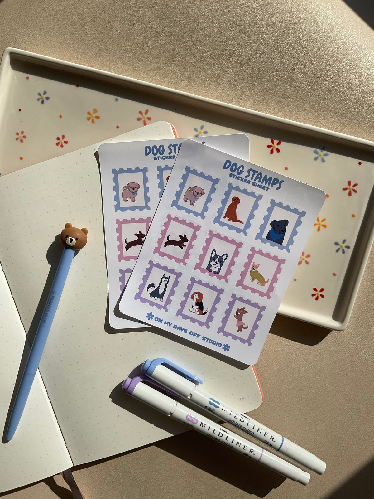 Sticker sheet with 9 dog floral themed stamps. Perfect for your journal spread