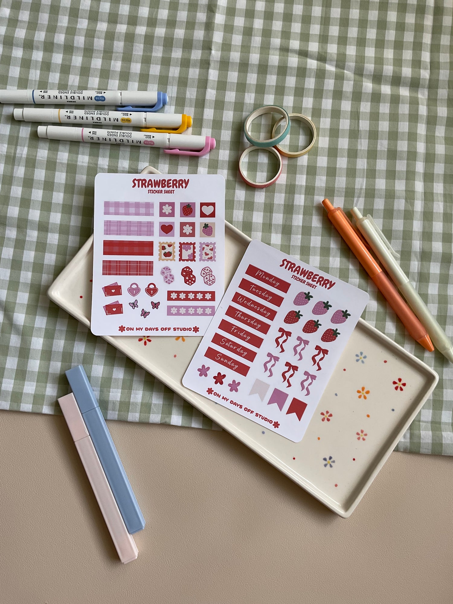 Strawberry sticker sheet set perfect for journal spreads and planners. Featuring both deco stationery stickers and days of the week to help you bring your spread to life