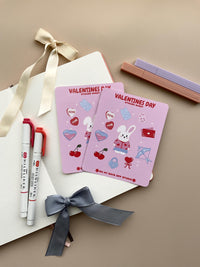 This stationery sticker sheet features a Valentine’s Day theme and has 11 colorful illustrations. These illustrations include a cute bunny in a valentine's outfit and heart themed items. These glossy stickers are perfect for planners and bullet journals.
