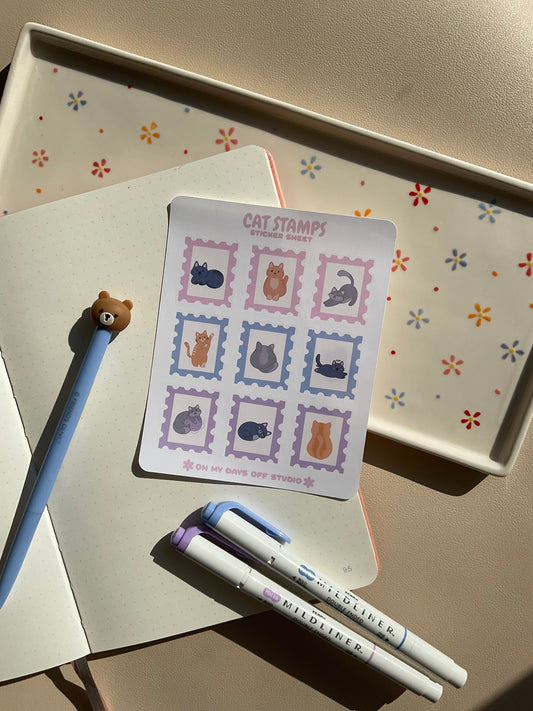 Sticker sheet with 9 cat floral themed stamps. Perfect for your journal spread