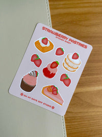 This stationery sticker sheet features 8 strawberry themed pastries illustrations. These stationery stickers are glossy and perfect for all your planner and bullet journal needs.