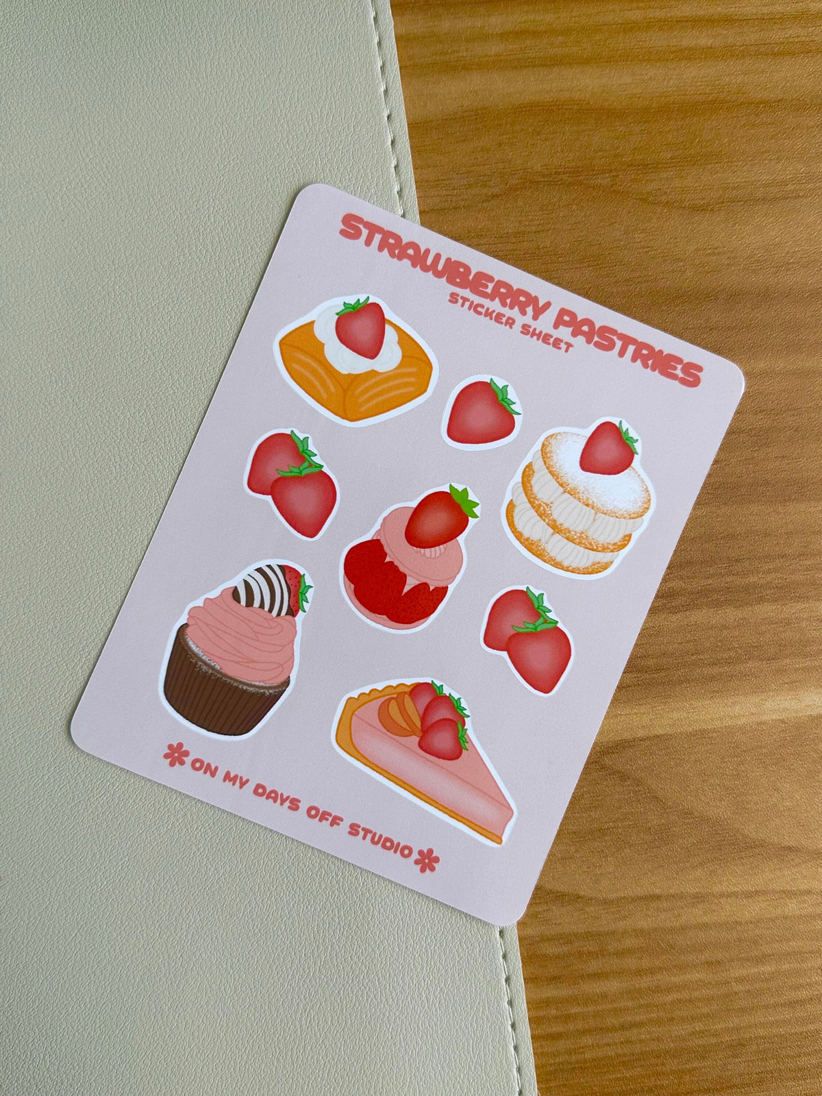 This stationery sticker sheet features 8 strawberry themed pastries illustrations. These stationery stickers are glossy and perfect for all your planner and bullet journal needs.