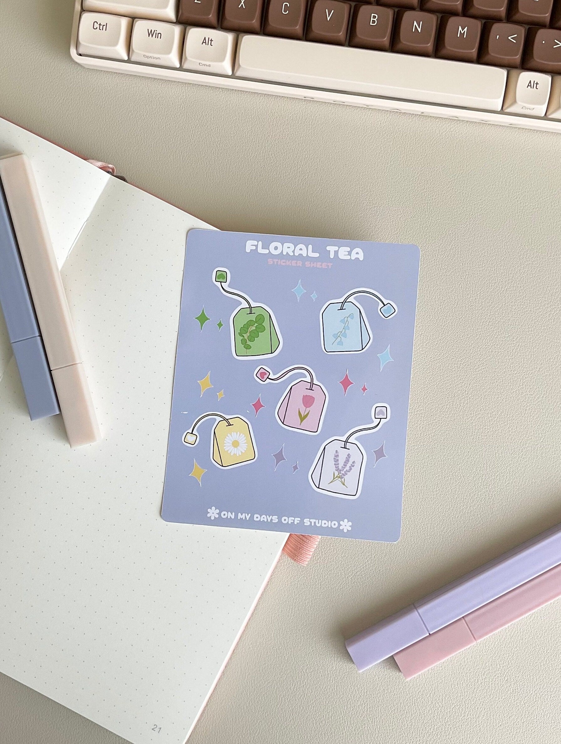 This kawaii floral tea sticker sheet features 5 colorful illustrations. These illustrations feature whimsical tea bags with floral designs. These glossy stickers are perfect for bullet journals and planners.&nbsp;