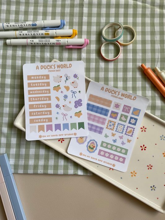Sticker sheet set with a cute floral and duck theme. One sticker sheet has stickers for each day of the week and decor stickers to help bring color to your planner spread. The second sticker sheet has more decor stickers to help create sections to your journal spread.