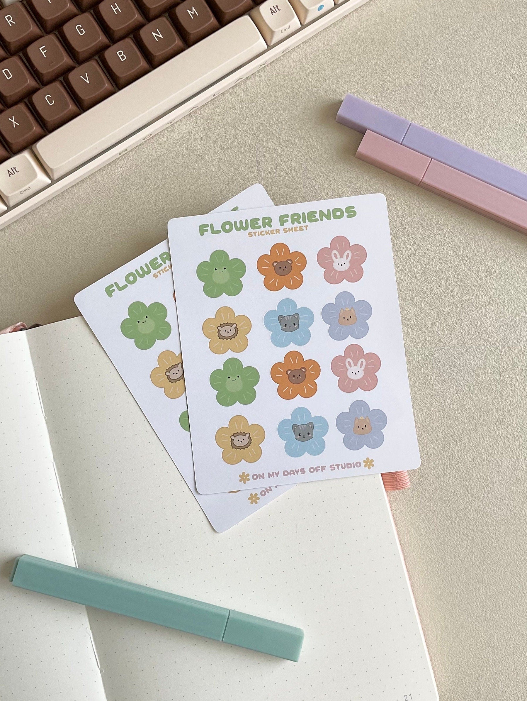 This Flower Friends sticker sheet features 9 colorful and kawaii illustrations of animals as flowers. These cute illustration includes frog, bunny, bear, cute &amp; hedgehog. These glossy stationery stickers are perfect for bullet journals and planners.&nbsp;