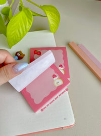 Pink sticky notes with Japanese strawberry cake roll theme