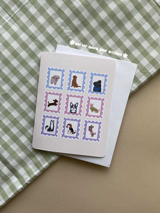 Beige greeting card with a cute dog theme. It features 9 dog themed stamps.