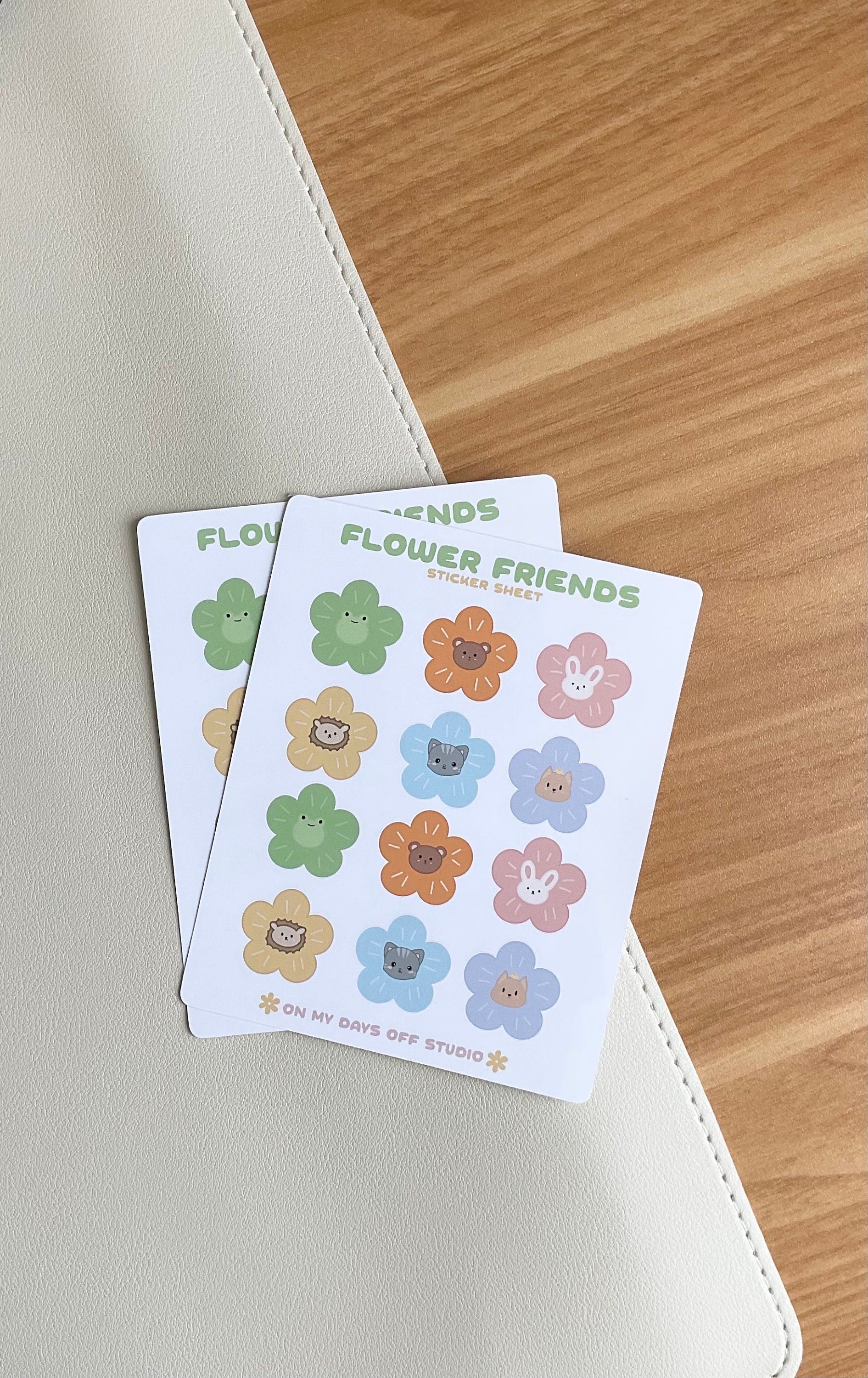 This Flower Friends sticker sheet features 9 colorful and kawaii illustrations of animals as flowers. These cute illustration includes frog, bunny, bear, cute &amp; hedgehog. These glossy stationery stickers are perfect for bullet journals and planners.&nbsp;