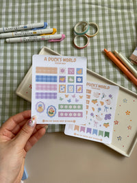 Sticker sheet set with a cute floral and duck theme. One sticker sheet has stickers for each day of the week and decor stickers to help bring color to your planner spread. The second sticker sheet has more decor stickers to help create sections to your journal spread.