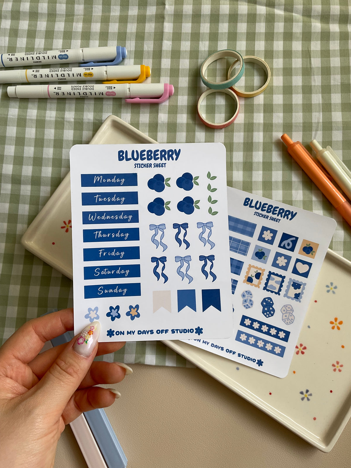Sticker sheet set with a cute bluberry theme. One sticker sheet has stickers for each day of the week and decor stickers to help bring color to your planner spread. The second sticker sheet has more decor stickers to help create sections to your journal spread.