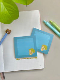 Blue sticky notes with a cat holding an umbrella in the bottom right corner