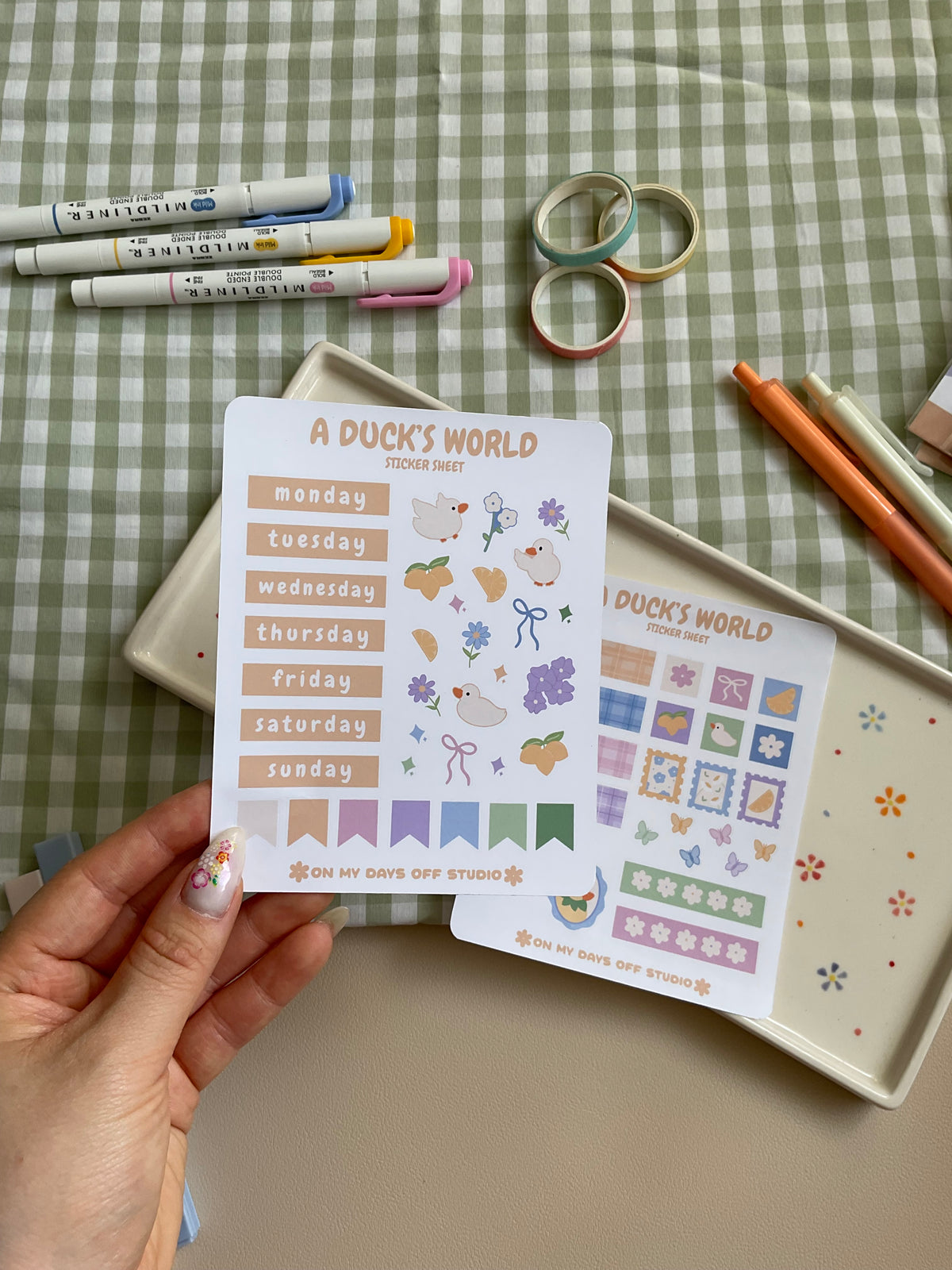 Sticker sheet set with a cute floral and duck theme. One sticker sheet has stickers for each day of the week and decor stickers to help bring color to your planner spread. The second sticker sheet has more decor stickers to help create sections to your journal spread.