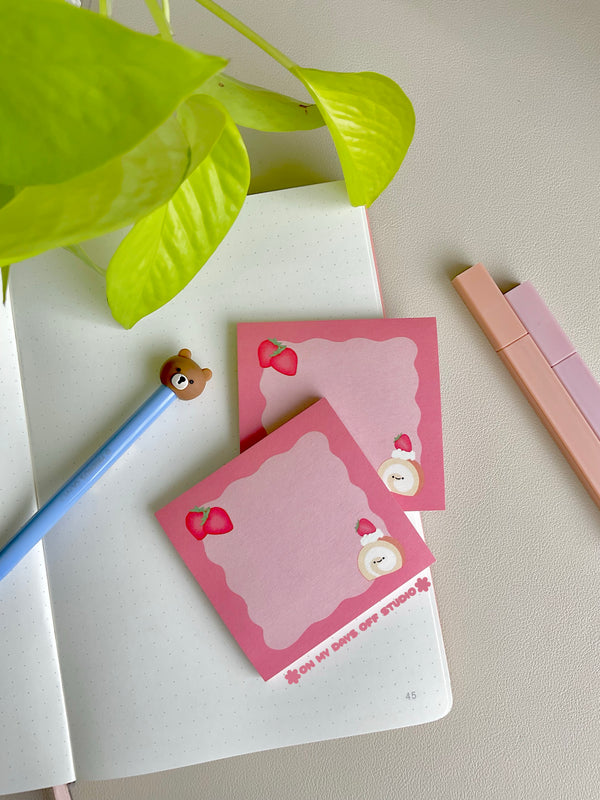 Pink sticky notes with Japanese strawberry cake roll theme