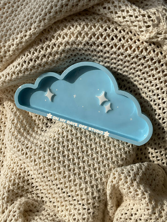 Blue cloud shaped jewelry dish or trinket dish with 3D flat star designs to make this look dreamy.