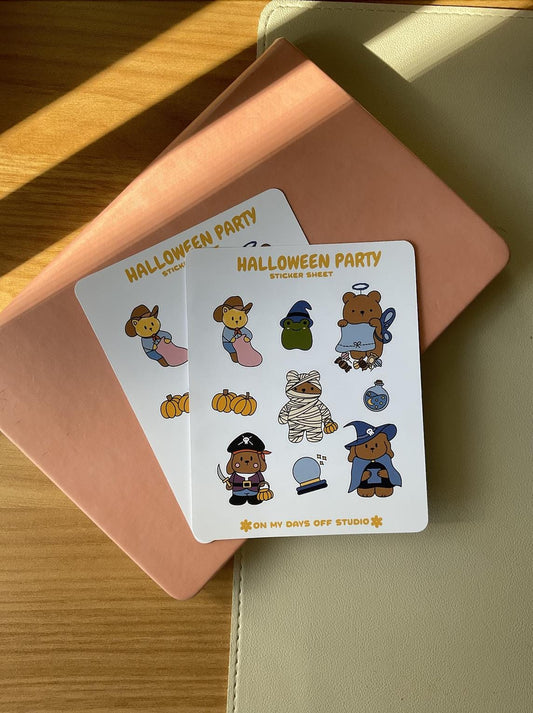 This stationery sticker sheet features a Halloween costume theme and has 9 colorful illustrations. These illustrations feature cute characters in Halloween costumes likes a fairy bear, bear mummy, dog wizard, dog pirate, cat cowboy and a frog witch. These glossy stickers are perfect for planners and bullet journals.&nbsp;