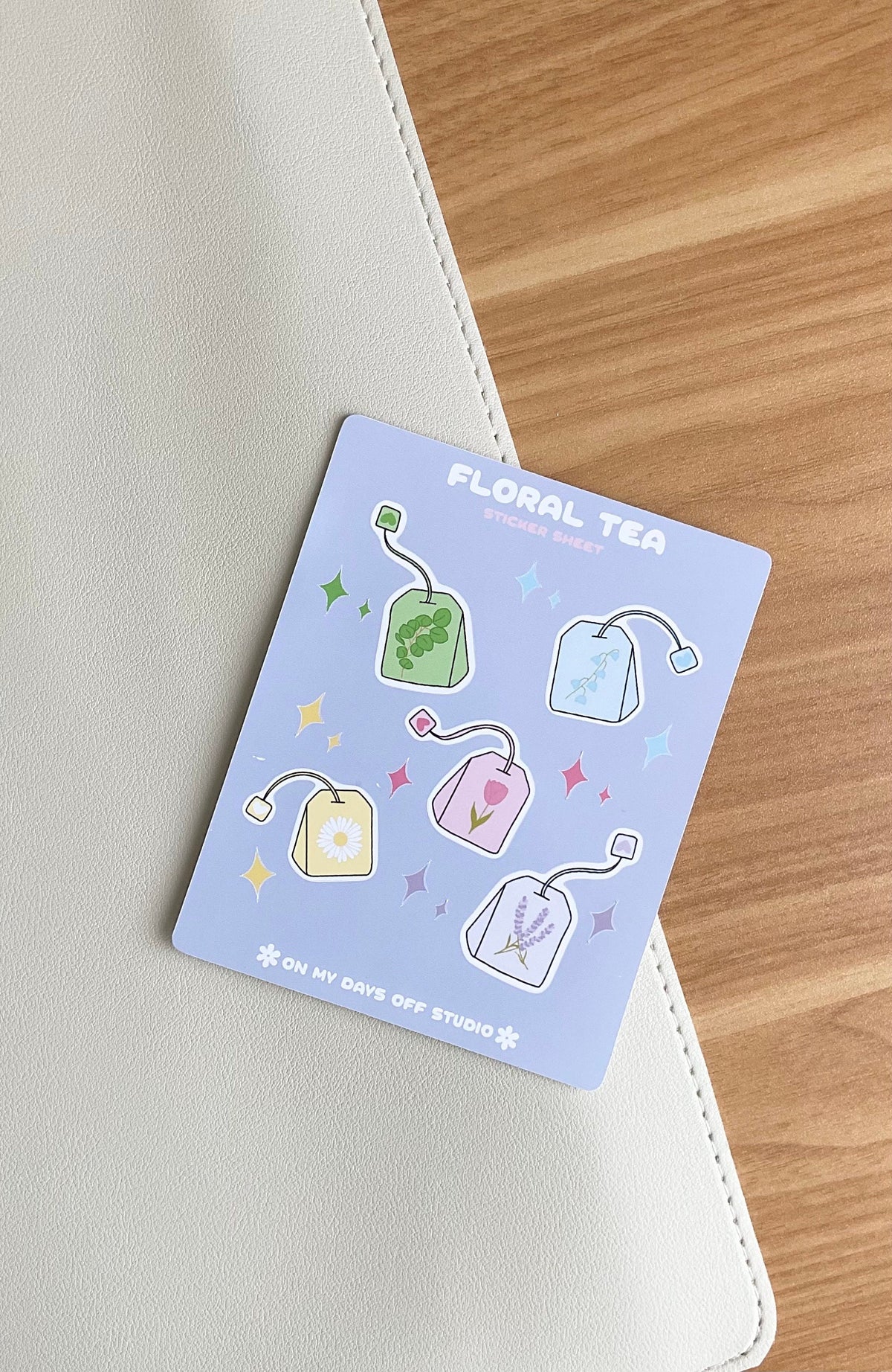 This kawaii floral tea sticker sheet features 5 colorful illustrations. These illustrations feature whimsical tea bags with floral designs. These glossy stickers are perfect for bullet journals and planners.&nbsp;