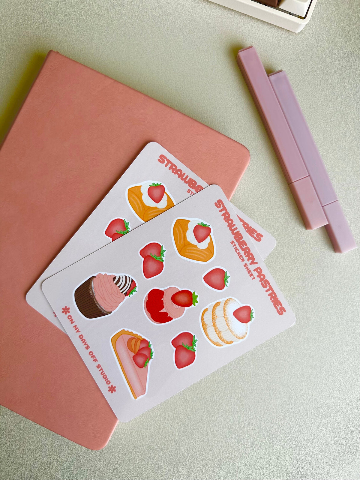 This stationery sticker sheet features 8 strawberry themed pastries illustrations. These stationery stickers are glossy and perfect for all your planner and bullet journal needs.
