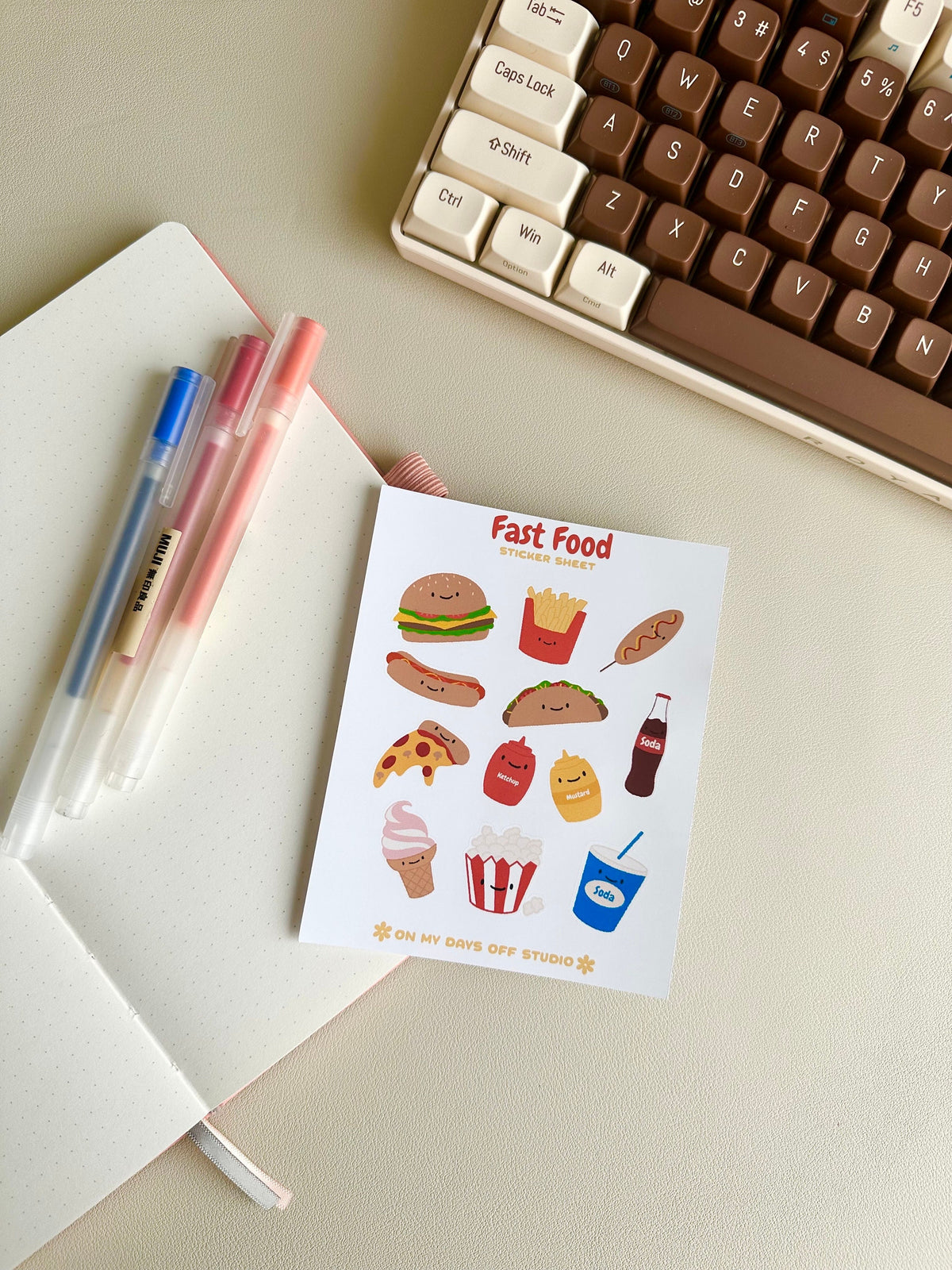 This stationery sticker sheet features an American fast food theme and has 12 colorful illustrations. These food illustrations include classics like hamburger, fries, corn dog, soda, pizza and much more. These glossy stickers are perfect for planners and bullet journals.