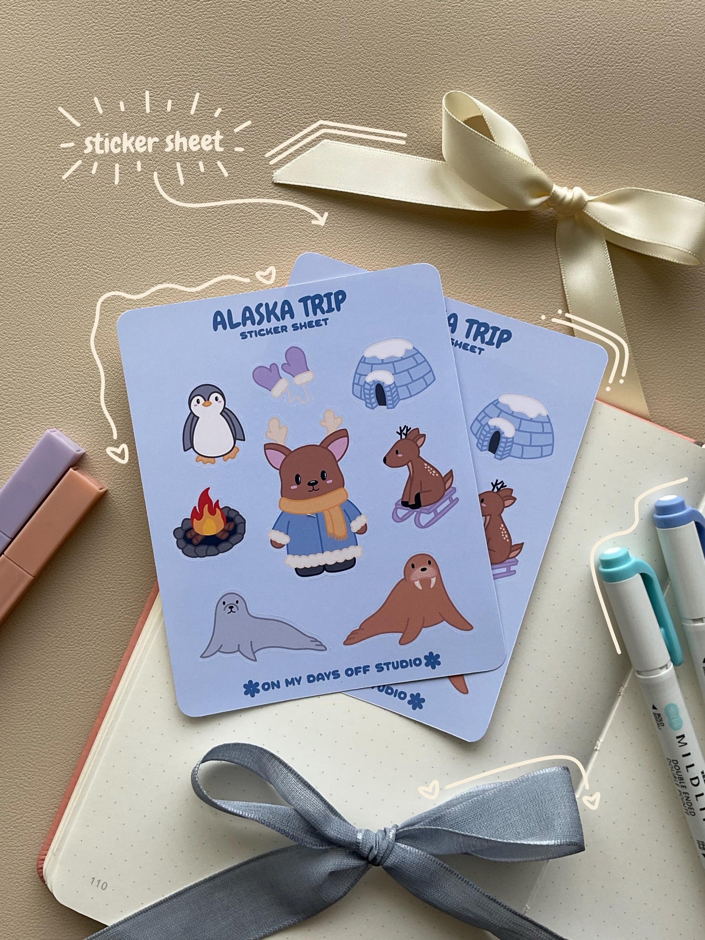 This stationery sticker sheet features a Alaska theme and has 9 colorful illustrations, including reindeer, walrus, penguin, igloo, seal and more. These glossy stickers are perfect for planners and bullet journals.&nbsp;