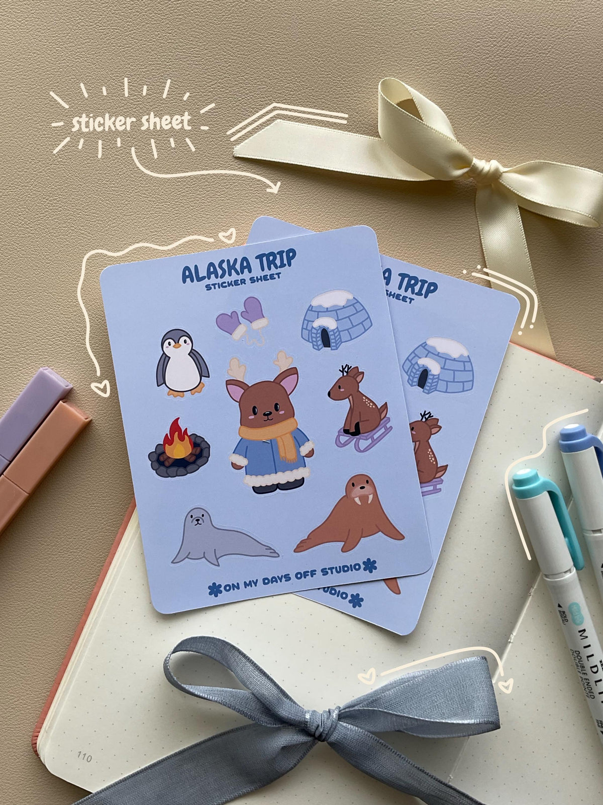 This stationery sticker sheet features a Alaska theme and has 9 colorful illustrations, including reindeer, walrus, penguin, igloo, seal and more. These glossy stickers are perfect for planners and bullet journals.&nbsp;