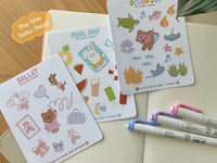 Other sticker sheets available in my shop! Including a ballet, pool day and ocean day sticker sheets with illustrations of kawaii animals.